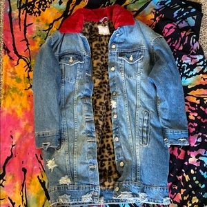 Long jean cheetah print fur jacket